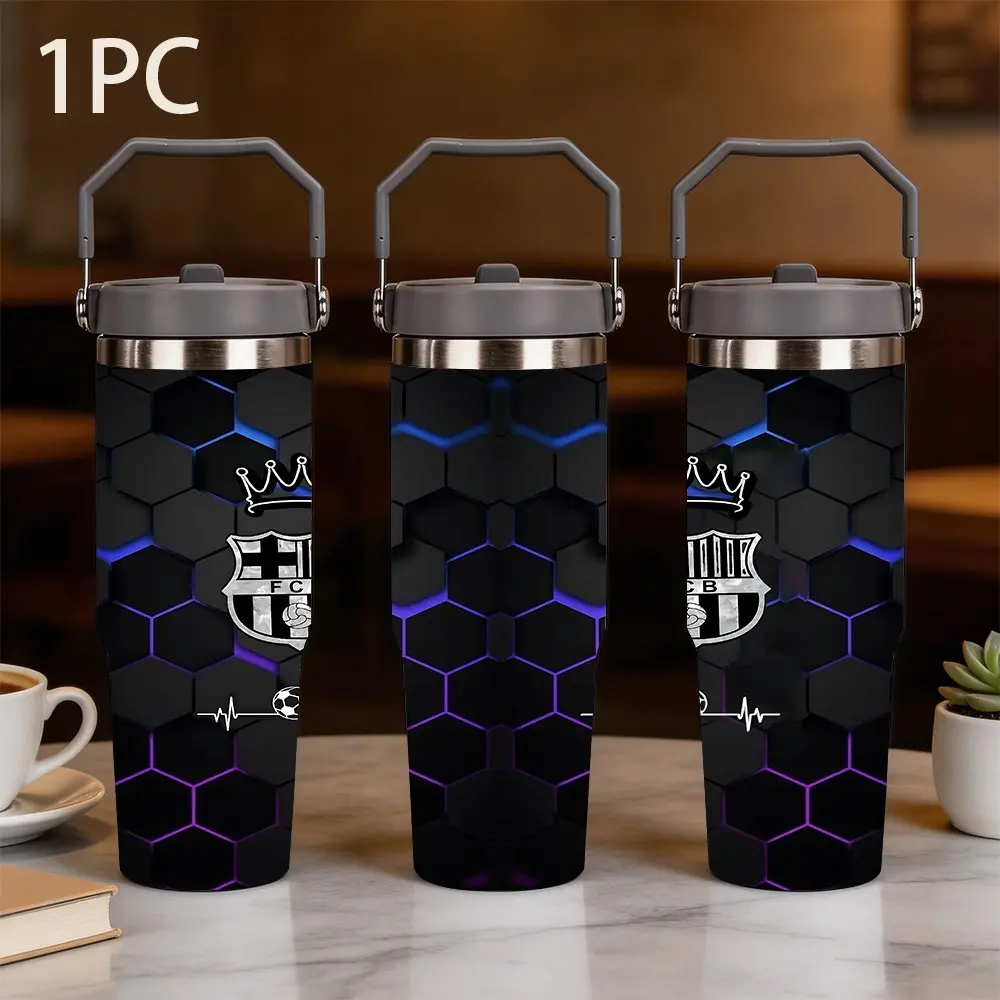 1pc 30oz large capacity portable thermos cup printed with honeycomb neon pattern, black honeycomb hexagonal texture with blue and purple neon light effect, heartbeat line and football element embellishing, sealing cover leakage proof portable