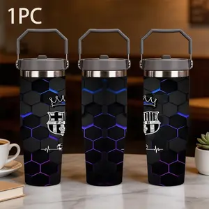 1pc 30oz large capacity portable thermos cup printed with honeycomb neon pattern, black honeycomb hexagonal texture with blue and purple neon light effect, heartbeat line and football element embellishing, sealing cover leakage proof portable