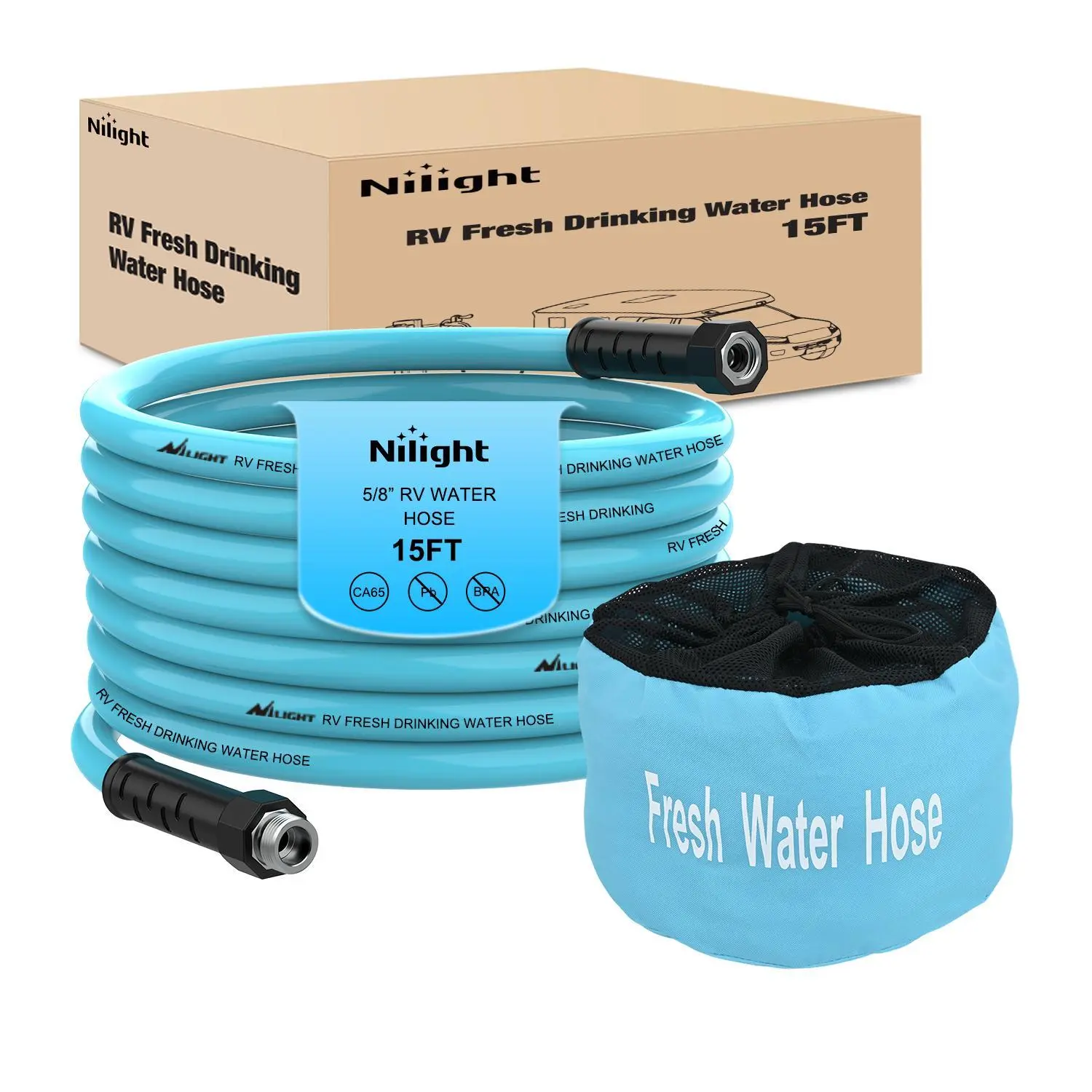 Nilight RV Water Hose 15FT Garden Drinking Hoses with Storage Bag Leakproof Anti-Kink 5/8 Inch Inner Diameter Flexible Lightweight Freshwater Hose for RVs Campers Travel Trailer Boat Car Wash Accessories