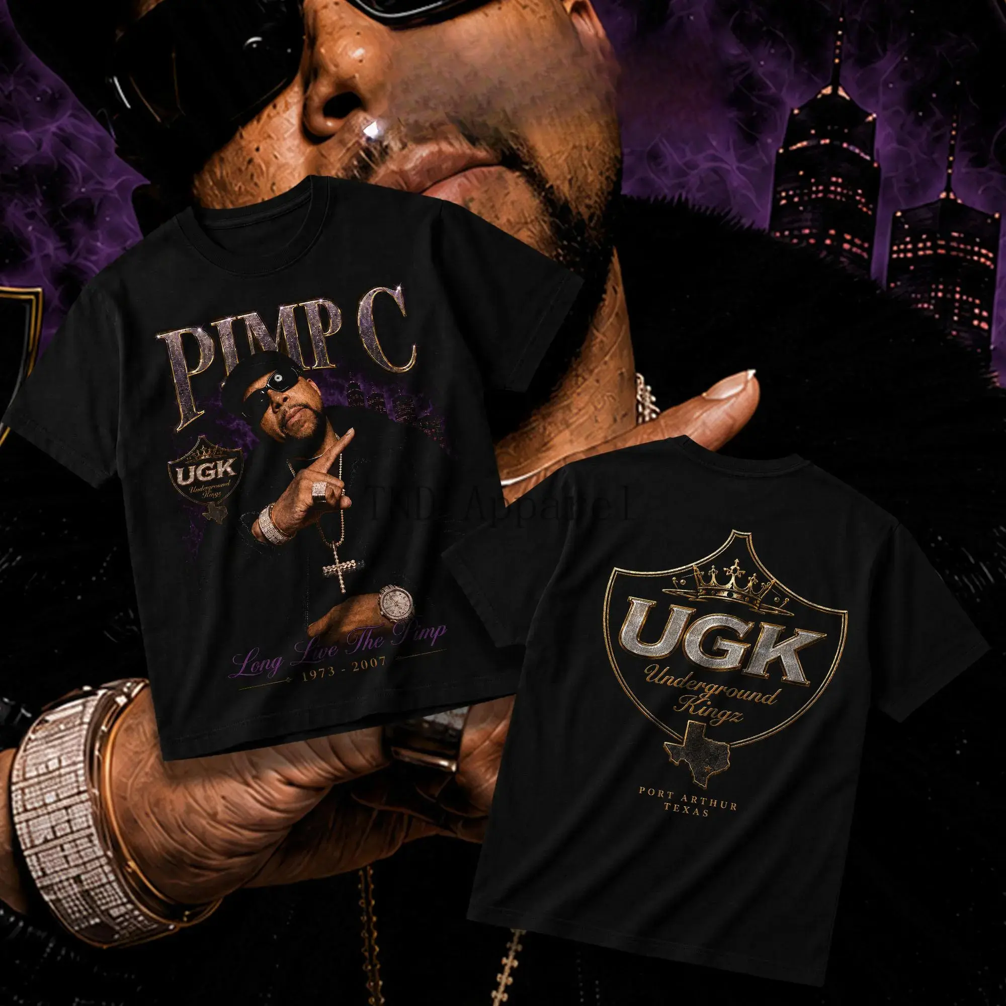 LOCALSAINT Pimp C Long Live The Pimp Menswear Classic Pure Cotton Unisex Round Neck Graphic Print T-Shirt Tops - Houston Rap Texas UGK Underground Kingz DJ Screw 713, Vintage Streetwear, Cold Wash, Breathable DTG Print, Red Baby Dee Shortsleeve Fabric