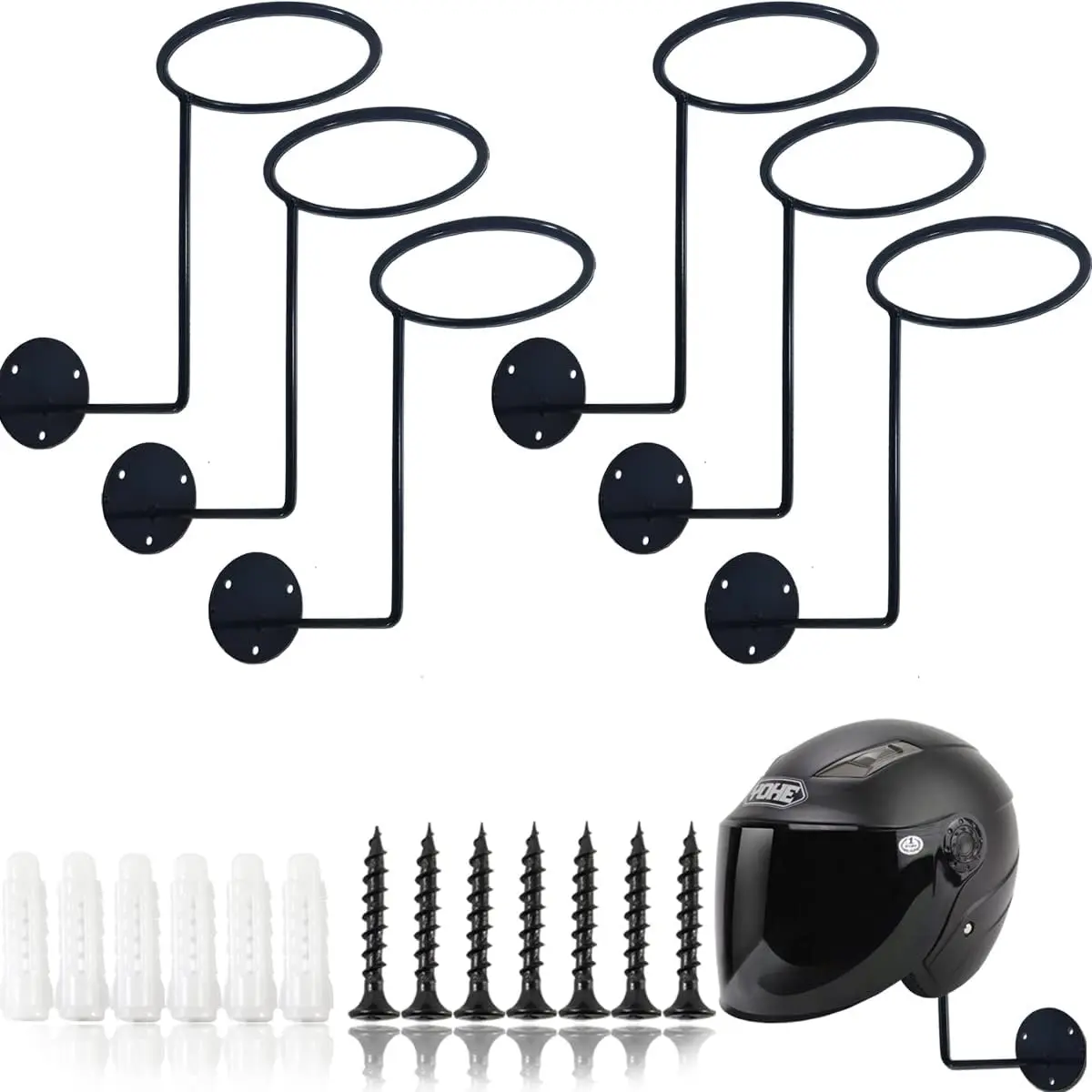 TIHOOD 6PCS Motorcycle Helmet Rack, Metal Helmet Hanger, Wall Mounted Helmet Holder, Ball Rack and Hat Rack, Multifunctional Helmet Rack