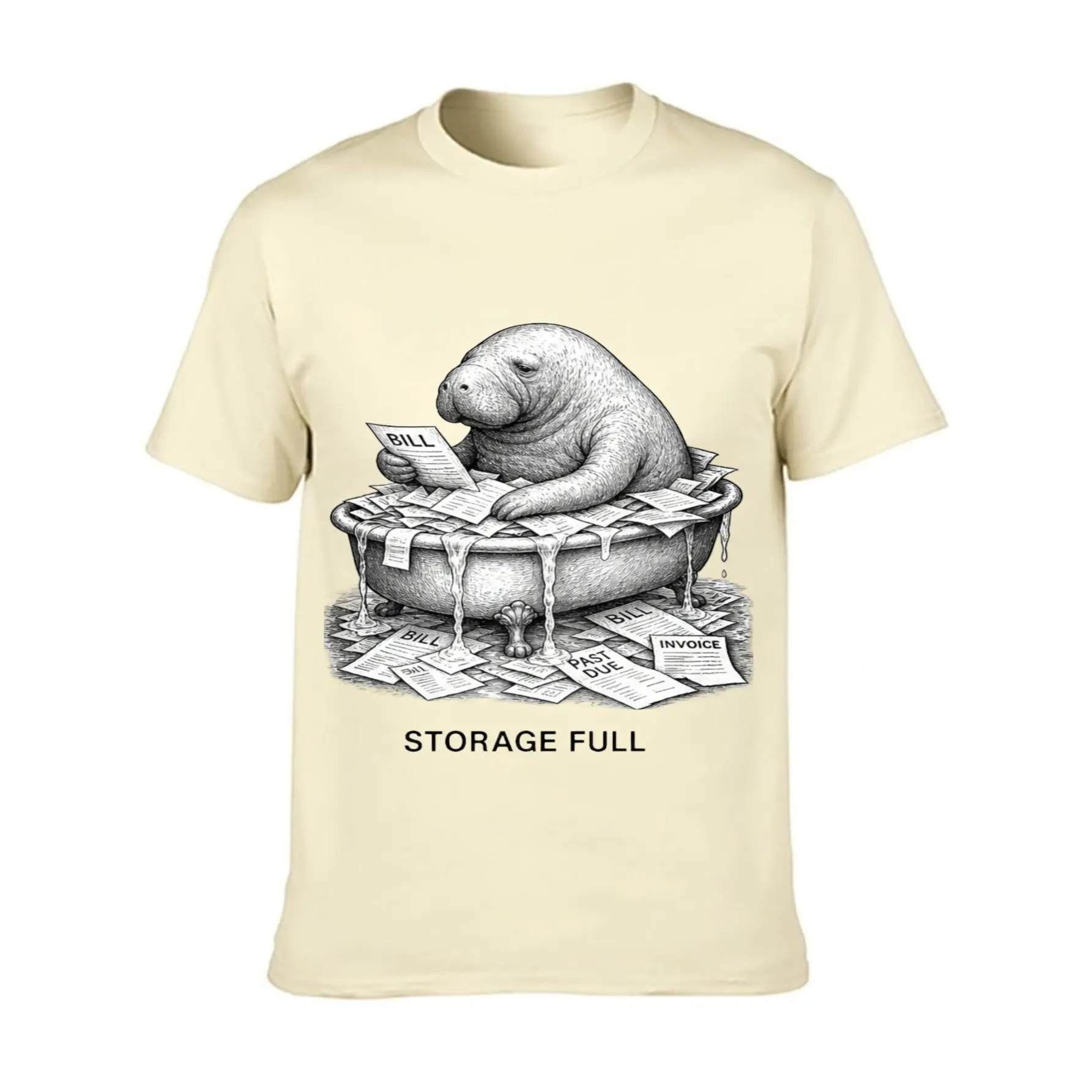 Streetwear Style, Heavyweight Unisex Cotton T-Shirt, Manatee In Bathtub Filled With Bills And Papers, Detailed Black And White Graphic Print, Casual Wear For Everyday Use