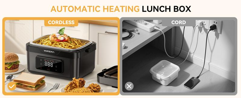 Yofidra Stylish Cordless Portable Electric Heated Lunch Box 1.5L-6 Cups Self-Heating with 10000mAh Battery Timer & Temp Control Food Warmer for Adults Office Outdoor Black Tableware Meal Prep Containers Stainless Steel Bento Square