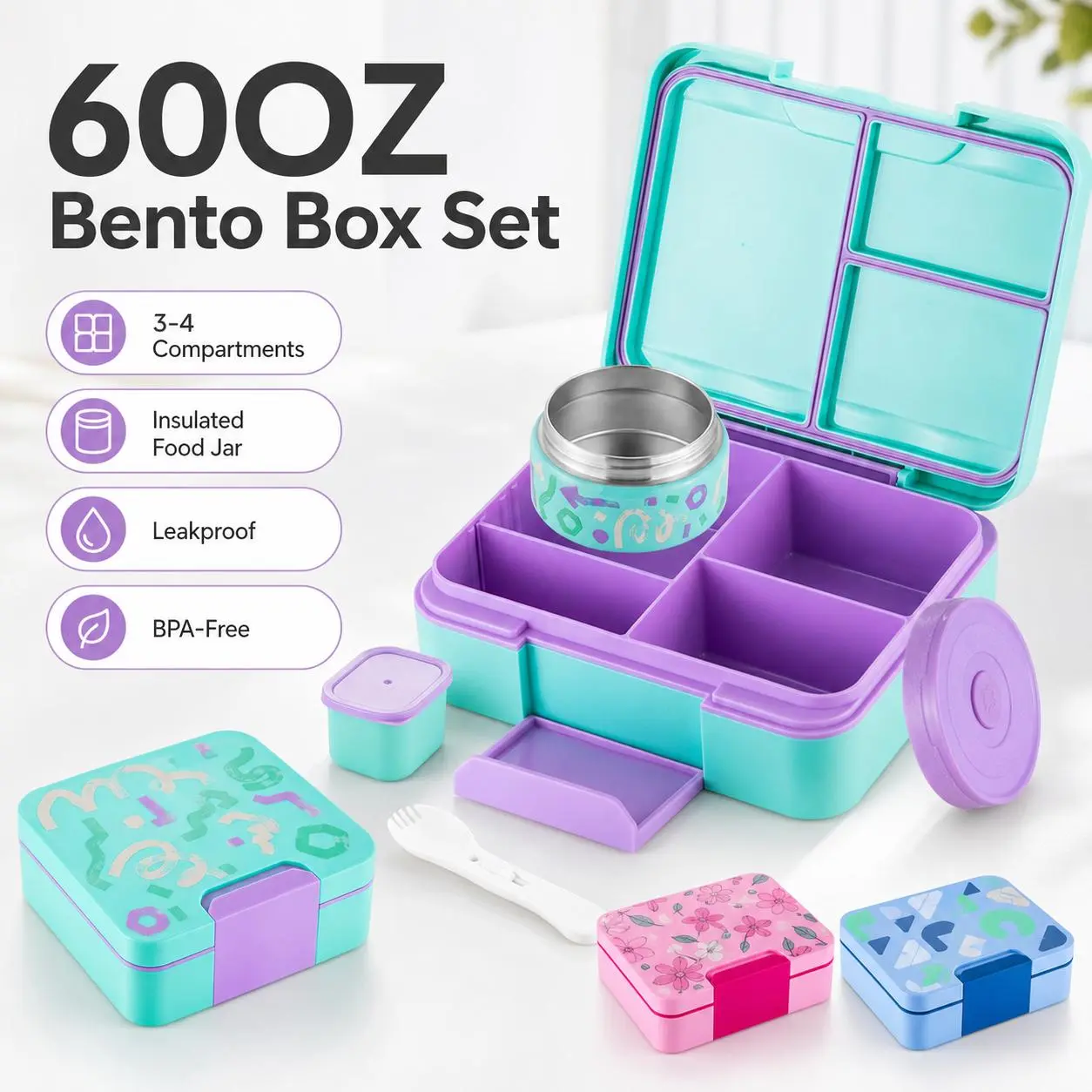60oz Leakproof Bento Lunch Box with 8oz Insulated Food Jar, 3/4-Compartment BPA-Free Meal Container Set with Sauce Cup & Utensils for Kids, Teens, School, Work & Picnic