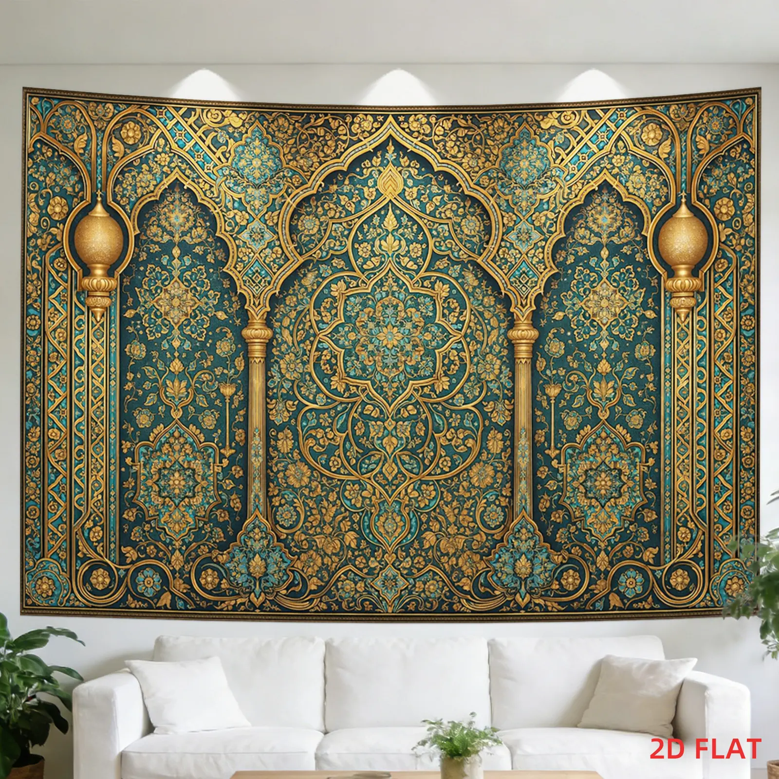 2D Flat, 1 Large Islamic Wall Tapestry Suitable for Bedroom, Living Room Decor - Large Horizontal Islamic Panel with Golden & Turquoise Islamic Patterns, Non-Luminous Hanging for Meditation Room, Office, Party Decoration, Fabric, 2D Flat