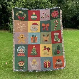 Colorful Christmas Patchwork Jacquard Tassel Throw, soft, wear-resistant, washable and fade-proof. It works as bed cover, sofa blanket, wall tapestry and tablecloth, suitable for home decor, travel, office use, camping and picnics. An ideal holiday gift