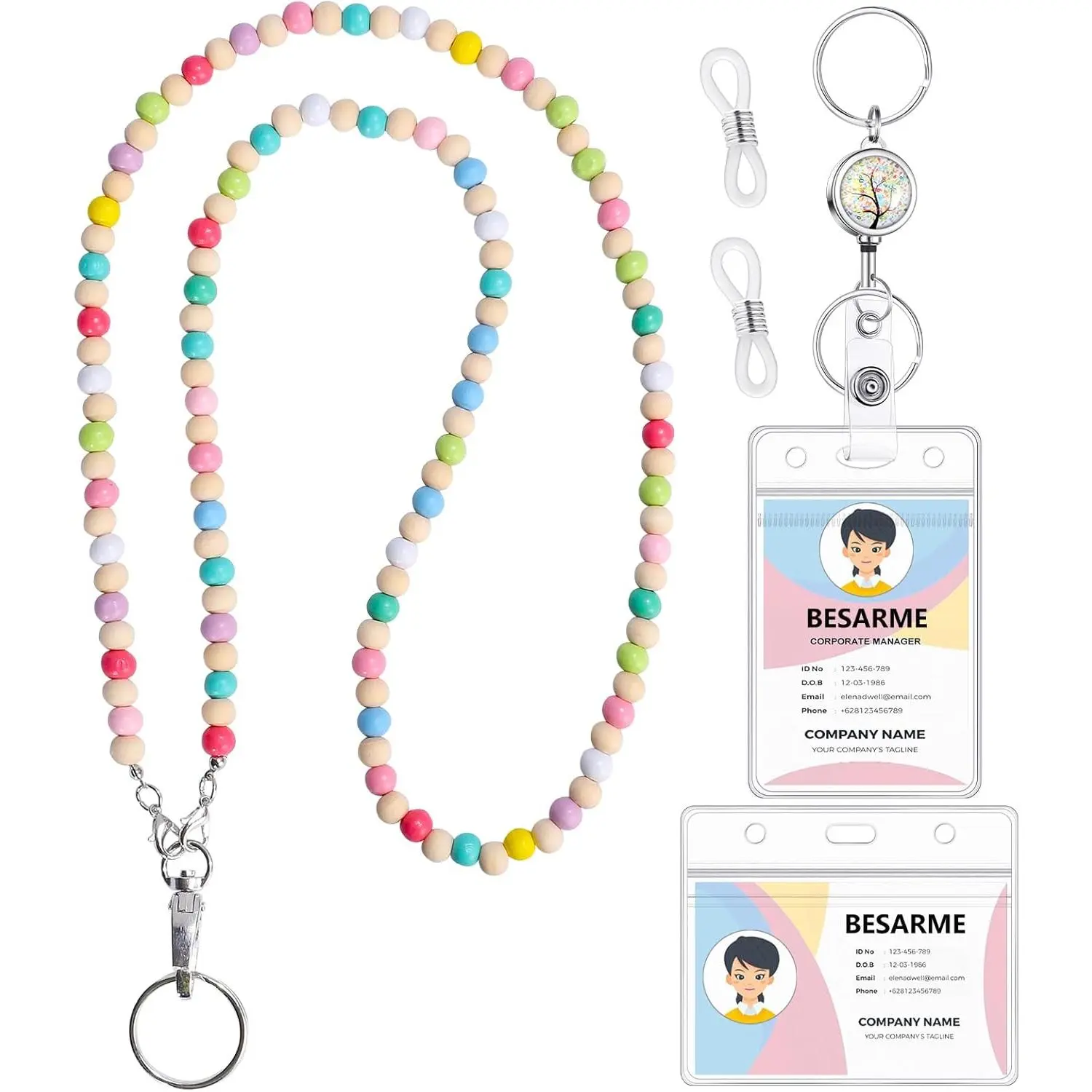 Lanyards for ID Badges Teacher Gifts Cute Wooden Beaded Lanyard with ID Holder Retractable Badge Reel Keys Eyeglass Chains for Women