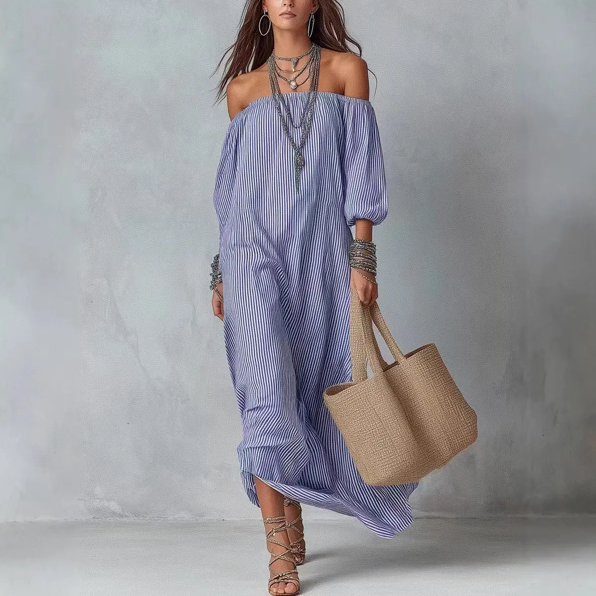 Women Boho Off Shoulder Striped Maxi Dress – Loose Fit Summer Vacation Beach Long Dress