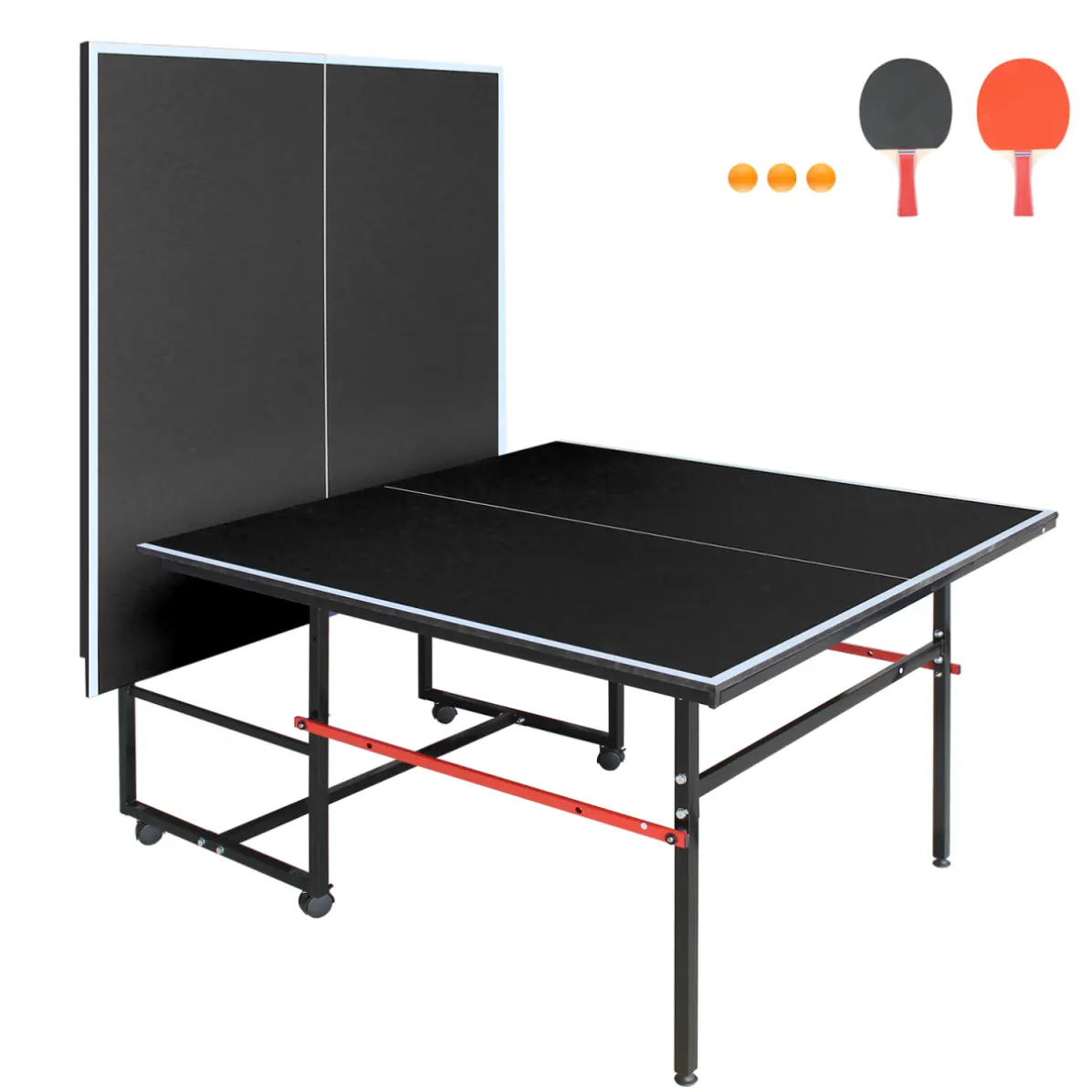 8 x 4 ft Mid-Size Table Tennis Table Set with Foldable Portable Design, Indoor Ping Pong Table with Net 2 Paddles and 3 Balls, MDF Top with Adjustable Legs, Black