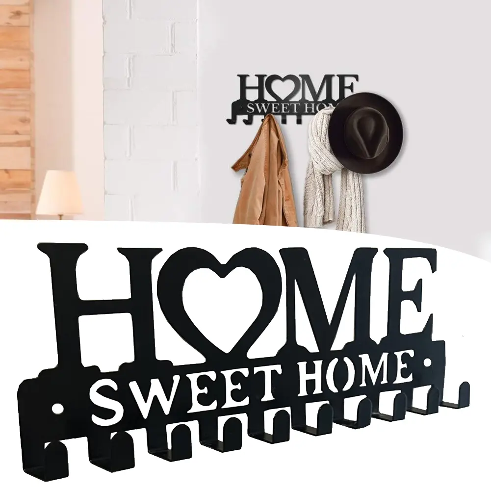 Home Sweet Home Metal Wall Hook, Decorative Key Holder Wall Mount Hanger With Multiple Hooks for Entryway