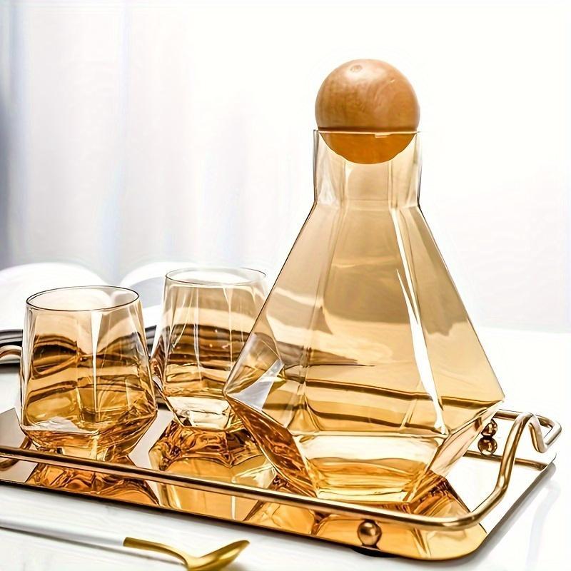 Diamond-Shaped Glass Pitcher and Tumbler Set with Wooden Lid Ball - 5 Piece Modern Water Carafe and Drinking Glasses Bundle for Whiskey, Scotch, Bourbon, Vodka - Elegant Beverage Serving Set
