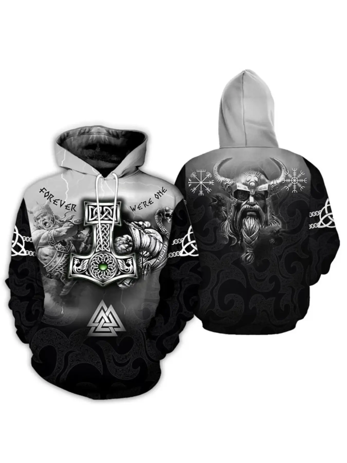 Nordic Viking Thor Totem 3D Printed Hoodie, Retro Fashionable Long-sleeve Hooded Sweatshirt for Men