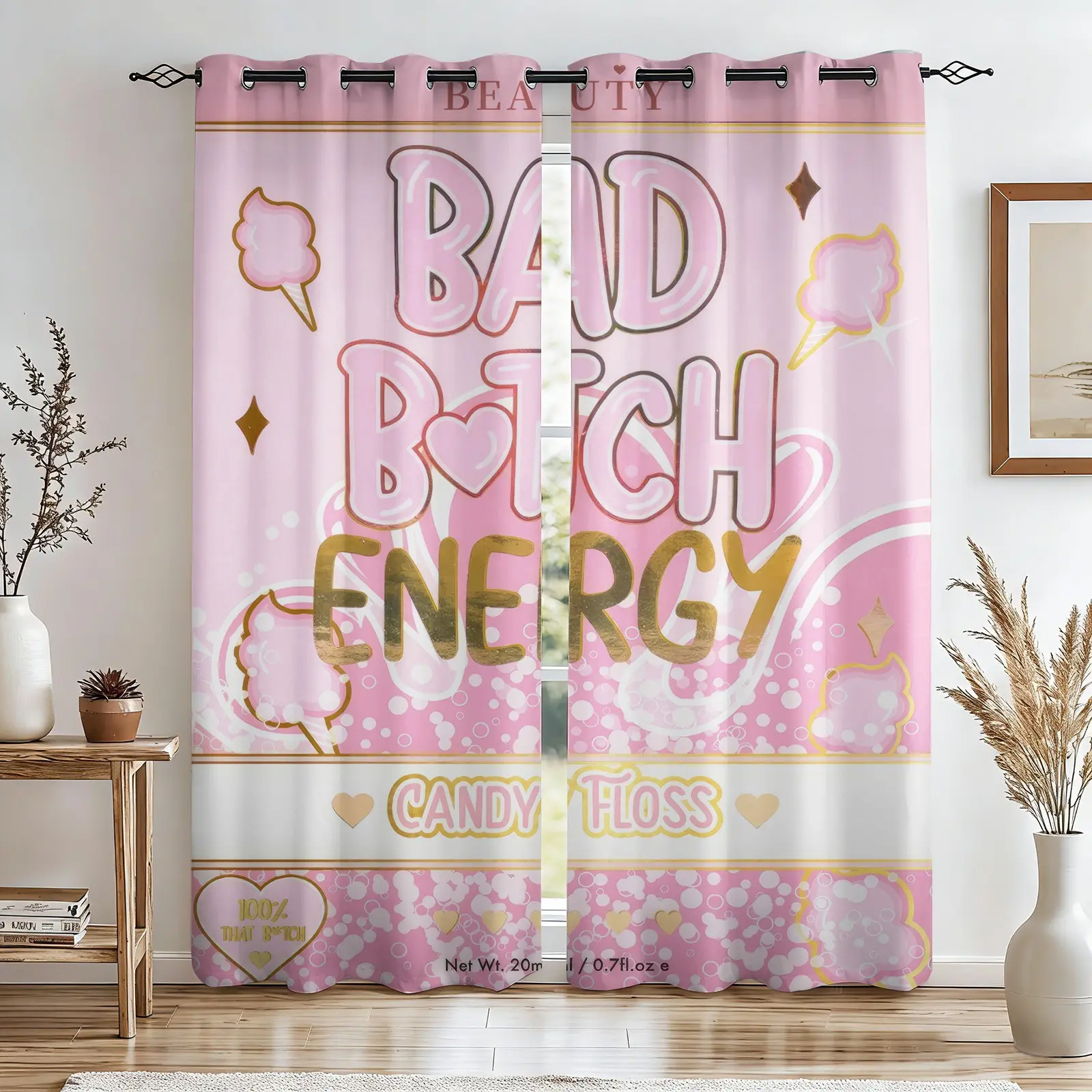 2 Panels Sassy Girl Pink Cotton Candy Blackout Curtains, Bad Bitch Energy Funny Quote Design, No-Hook Washable Fabric, Light Blocking Window Drapes for Family Bedroom Decor, Home Decorative Curtain, Home Decoration Curtain, Unique Cute Themed Gift
