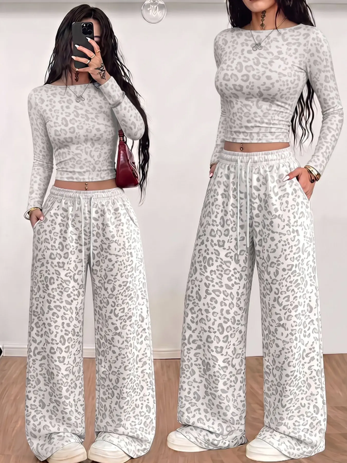 Women's fall leopard print long sleeve 2-piece set, slim-fit long sleeve top with high-waisted wide-leg pants, stylish street style & relaxed casual vibe, perfect for daily commuting, breakfast, walks & going out #LeopardPrintSet #LoungewearSet #LongSleev
