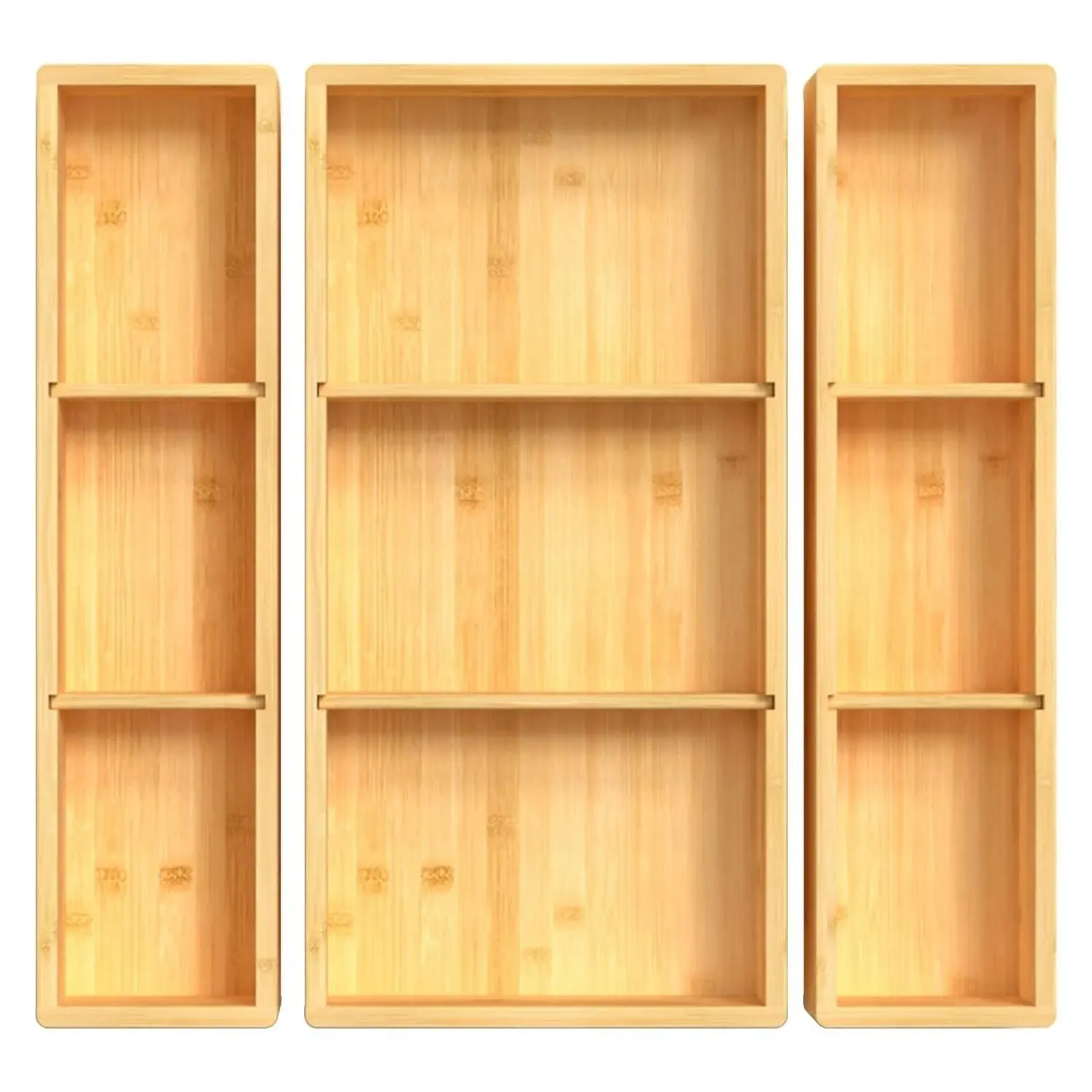 Bamboo Drawer Organizer 12.5" x 12.5" x 2", Adjustable 3-Compartment Wood Storage Box for Bathroom, Kitchen, Junk Drawer, Silverware, Makeup and Tea BagsGift