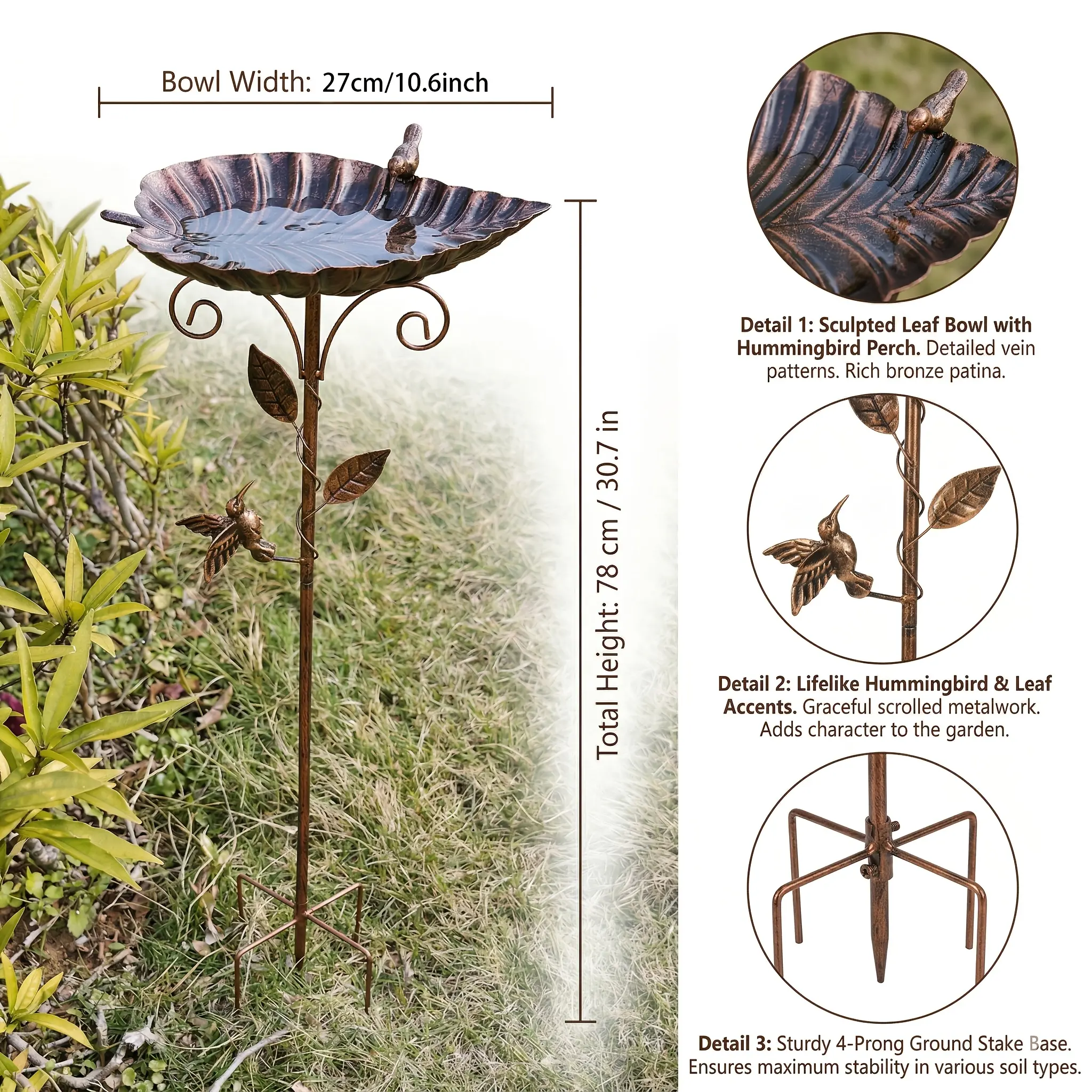 Vintage Large Leaf Bird Bath & Feeder, Cast-Iron Bird & Rattan Leaf Decor with 5-Prong Mounting for Garden Outdoor Decor & Gifts