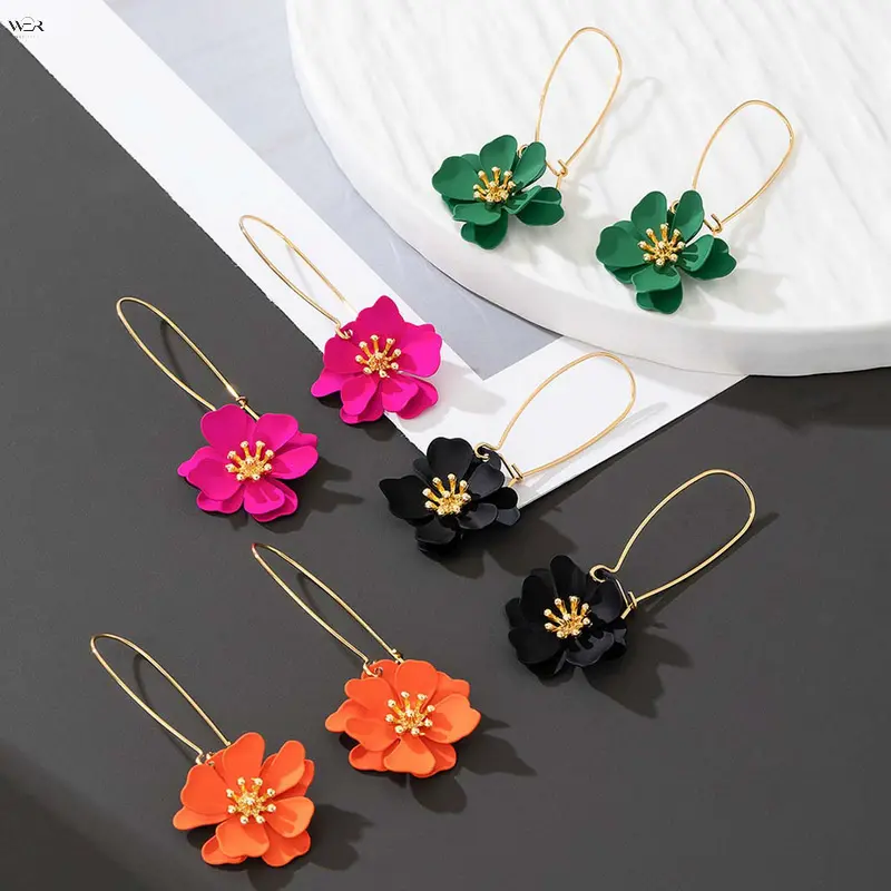 5 Colors Matte Flower Drop Earrings Collection, Long Gold Wire Hook Floral Dangle Earrings in Green/Hot Pink/Black/Orange/White for Wedding Vacation Daily Women Styling