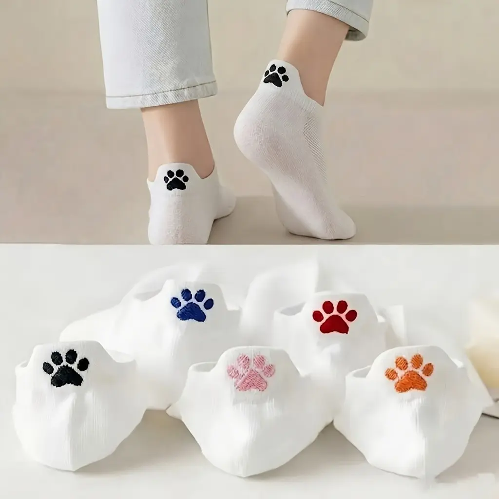 5 Pairs Women Cute Cat Paw No Show Socks, Spring Summer Mesh Low Cut Socks, Thin Breathable Colorful Cat Paw Invisible Socks for Halloween and Christmas Gifts