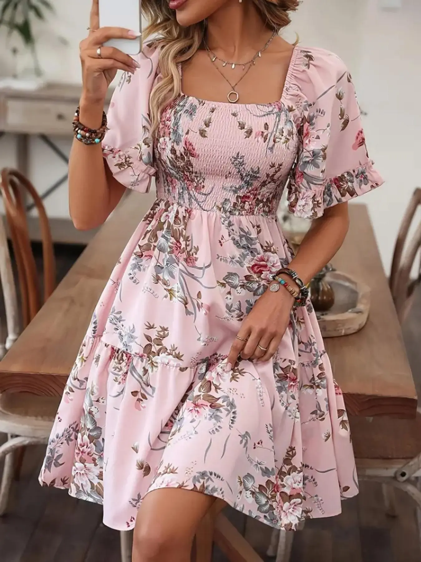Women's Floral Print Woven Ruffle Hem Shirred Slim A Line Dress, Casual  Boho Bohemian Romantic Flounce Sleeve Square Neck Short Dress for Beach Vacation, Ladies Summer Clothes, Boho Summer Dresses