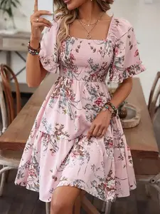 Women's Floral Print Woven Ruffle Hem Shirred A Line Dress, Casual  Boho Romantic Flounce Sleeve Square Neck Short Dress for Beach Vacation, Ladies Summer Clothes
