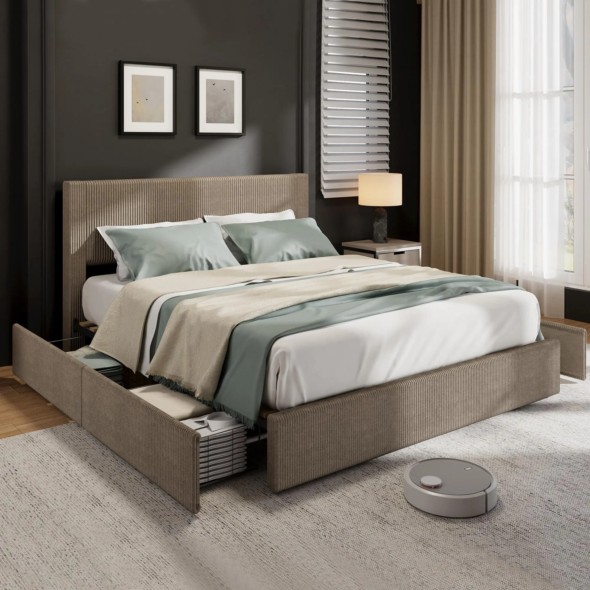King / Full Size Bed Frame with Tufted Wingback Headboard – Platform Corduroy Upholstered Bed Frame with 4 Storage Drawers & Wooden Slats Support – No Box Spring Needed