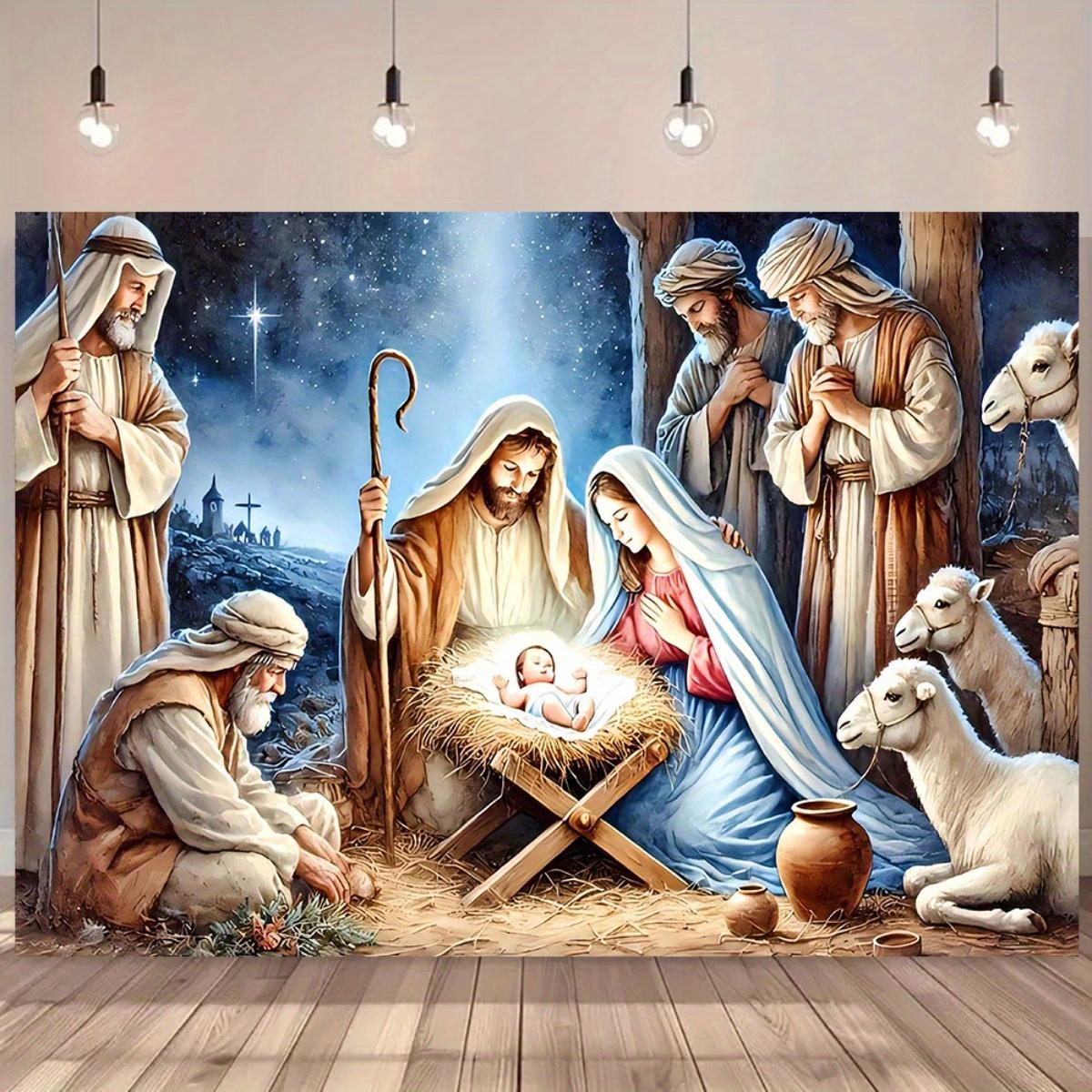 Large Nativity Scene Banner Durable Polyester Christmas Backdrop with Mary Joseph Youngsters Jesus Shepherds & Animals Indoor Outdoor Church Decor Wedding Birthday Graduation Party Photo Backdrop Event Backdrop Traditional Nativity Scene