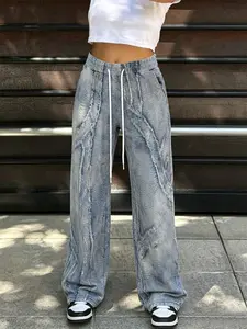 Unisex 2026 TikTok Viral Distressed Frayed Wide Leg Pants, Acid Wash Faux Denim Sweatpants, Elastic Waist Drawstring Casual Trousers, Streetwear Grunge Aesthetic Loose Straight Leg Pants, Washed Vintage Baggy Joggers, Daily Wear Street Pants,