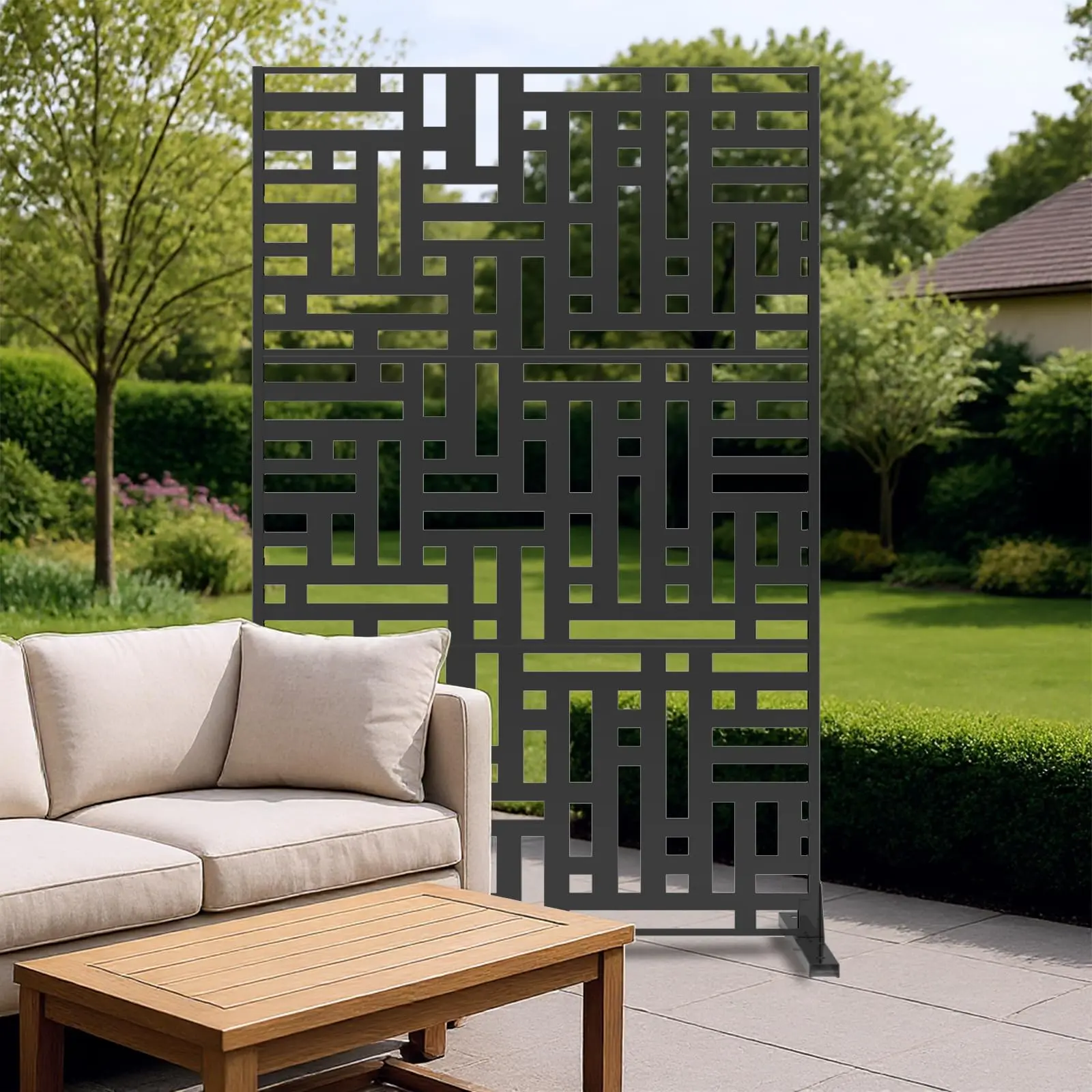 Freestanding Metal Privacy Screen Outdoor - 72" H x 47" W Decorative Fence Panel - Laser Cut, Weatherproof Galvanized Steel Divider for Patio, Garden, Balcony, Backyard, Modern Yard Landscaping