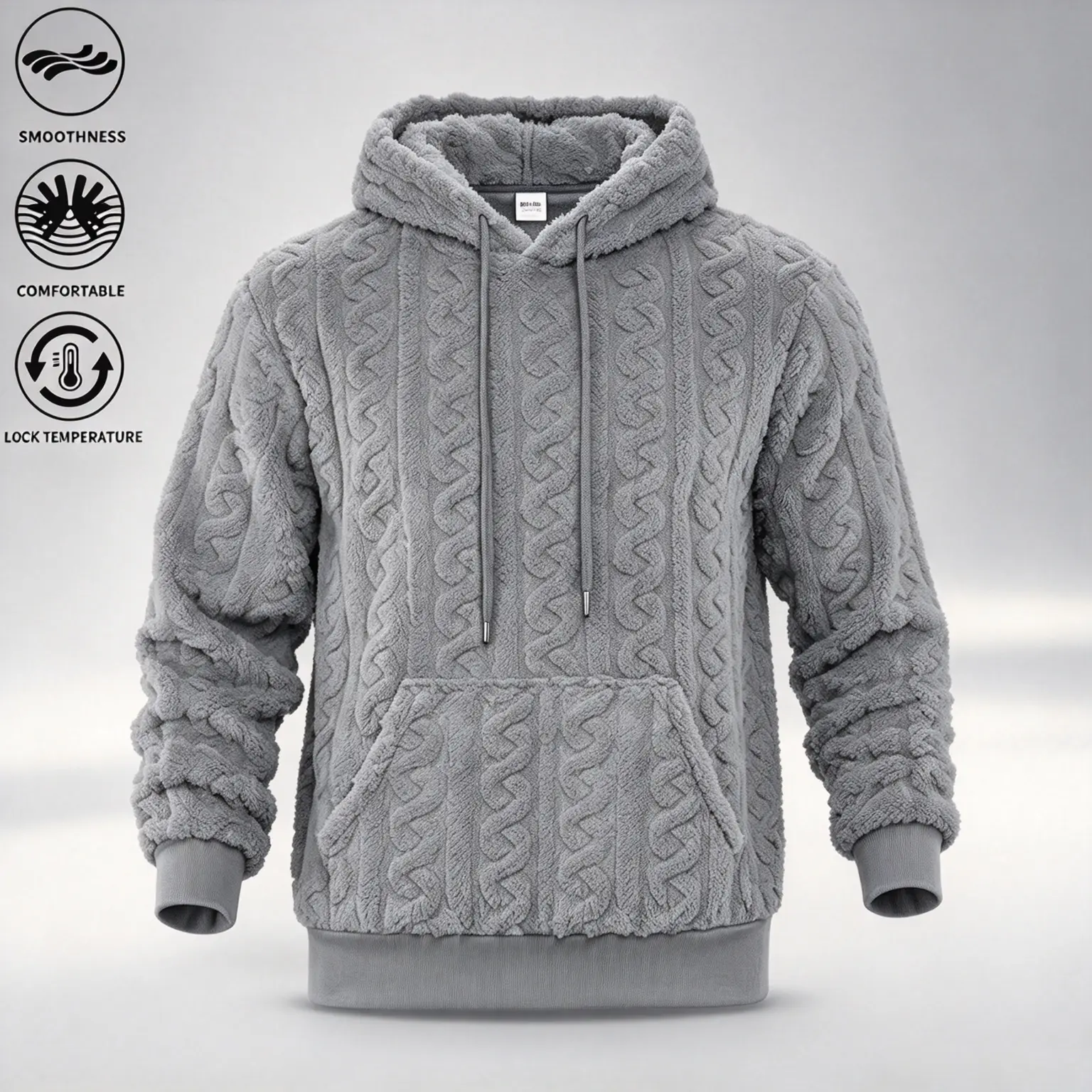 Men’s Cable Textured Fuzzy Fleece Hooded Pullover, Adjustable Drawstring Hood, Front Kangaroo Pocket, Thick Thermal Plush Sweatshirt, Soft Warm Winter Casual Top for Daily Wear & Outdoor Layering