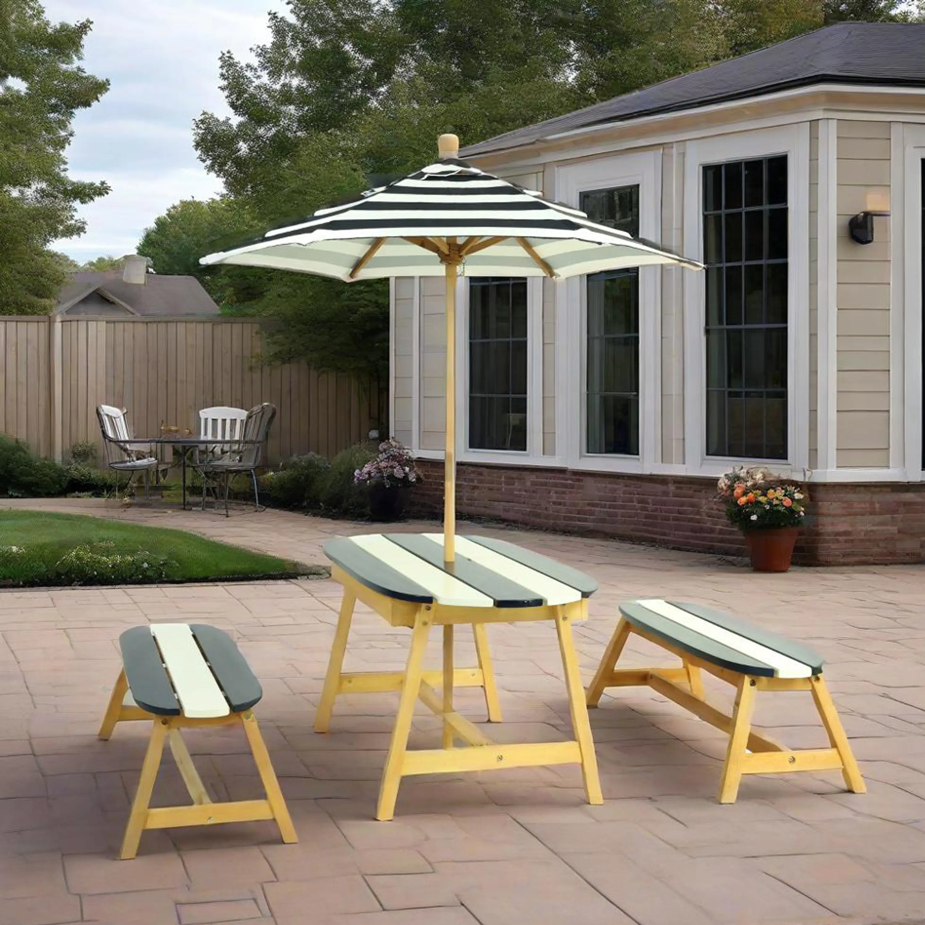 ARCH Naturally Playful Kids Picnic Table with Umbrella, Indoor Outdoor Children's Activity Table, Dark Blue Plastic Toddler Table for Snacks, Crafts, Playroom, Backyard, Patio, Easy Clean, Sturdy Design, Living Room Table for Sofa Side, Bedroom