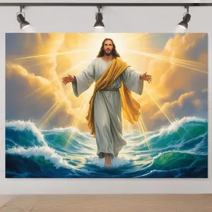 Jesus Walking on Water Backdrop Banner Biblical Miracle Scene Style Tapestry Wall Hanging Photography Background Polyester Fiber for Wedding Birthday Church Holiday Party Indoor Outdoor Decor