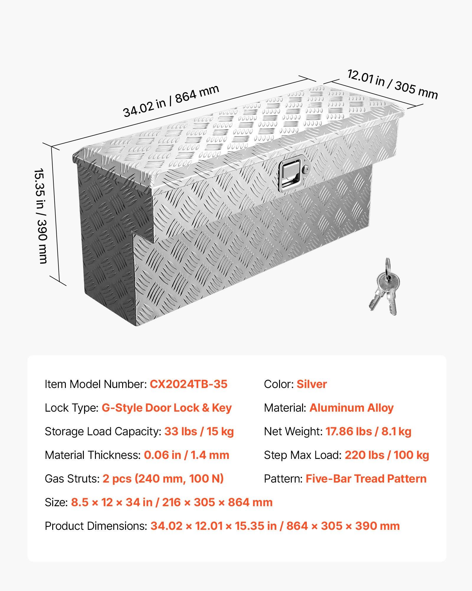VEVOR Truck Bed Tool Box, Heavy Duty Aluminum Tool Box with Tread Patterns, Storage Toolbox Chest Organizer with Lock and Key, Ideal for Pickup, Truck Bed, RV, Trailer, 34 x 12 x 15.4 in, Silver