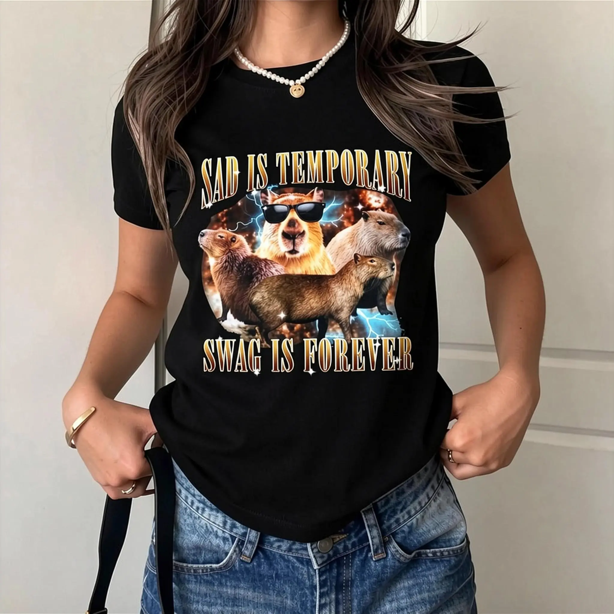 Women's Fitted Short-Sleeve Pure Cotton Vintage 90s Capybara Graphic Round Neck T-Shirt - "Sad Is Temporary Swag Is Forever" Funny Animal Print, Natural Casual Fitness Top, Summer Gift, Meme Shortsleeve T-Shirt, Tshirt, Capybara Graphic Women's T-Shirts