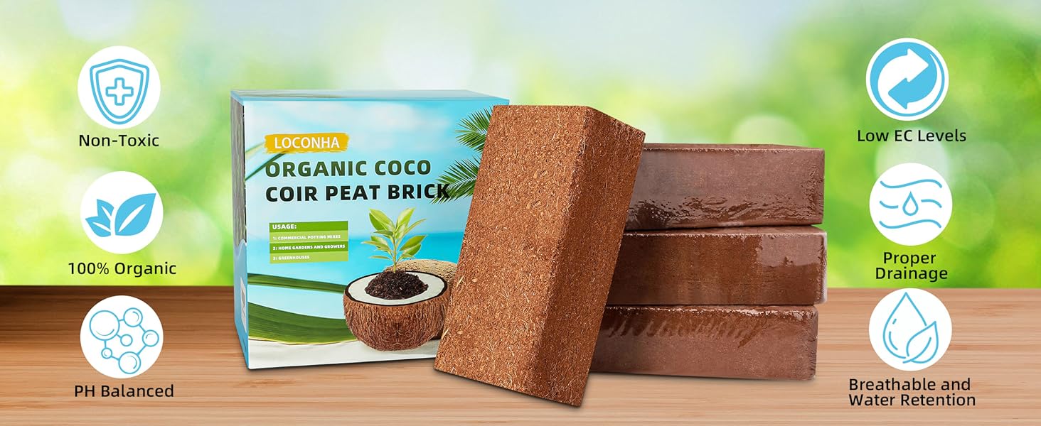 Coco Coir Bricks 6 Pack 100% Organic Peat Moss, Fiber Husk for Planting,, Potting Soil Substrate