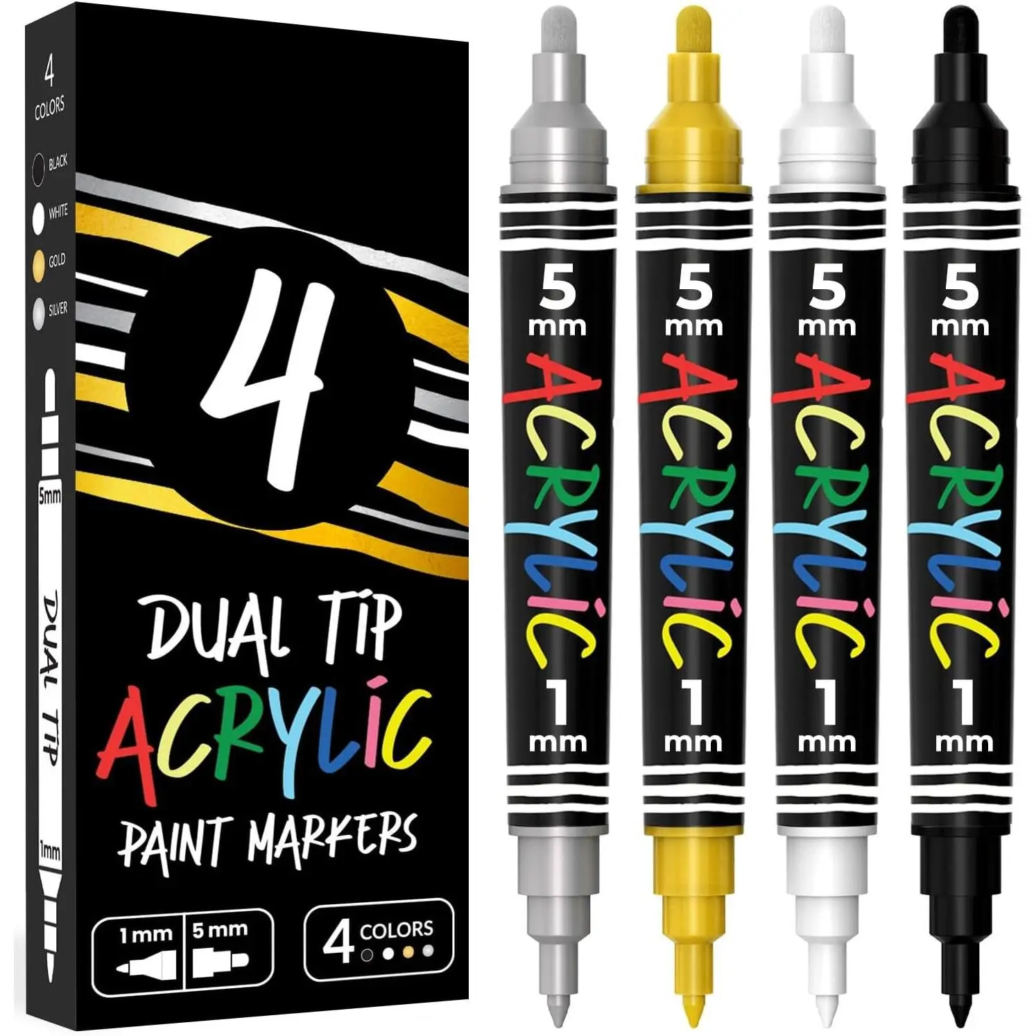 4   Markers  Tip (White, Black,  & ) | 1mm Fine Tip & 5mm Medium - Permanent   Pens for Rock Painting, Plastic, , Ceramic, Glass, Fabric, Metal