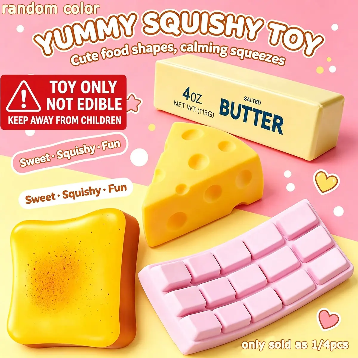 Cute Simulation Food Stress Relief Squishy Toys, Soft Elastic Butter Cheese Toast Chocolate Squeeze Fidget Toys, Calming Sensory Pinch Toys to Ease Anxiety, Sold Individually or 4 Pack for Students & Office Relaxation