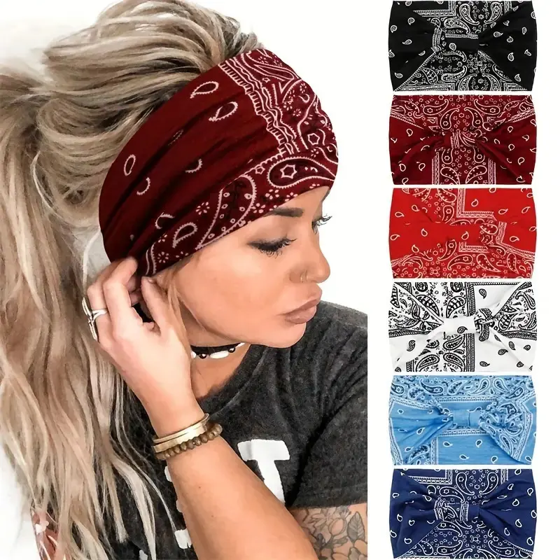Six-Piece Pack Bandana Paisley Printed Elastic Headbands for Women • Boho Knotted Wide Yoga Running Sweatband Value Bundle