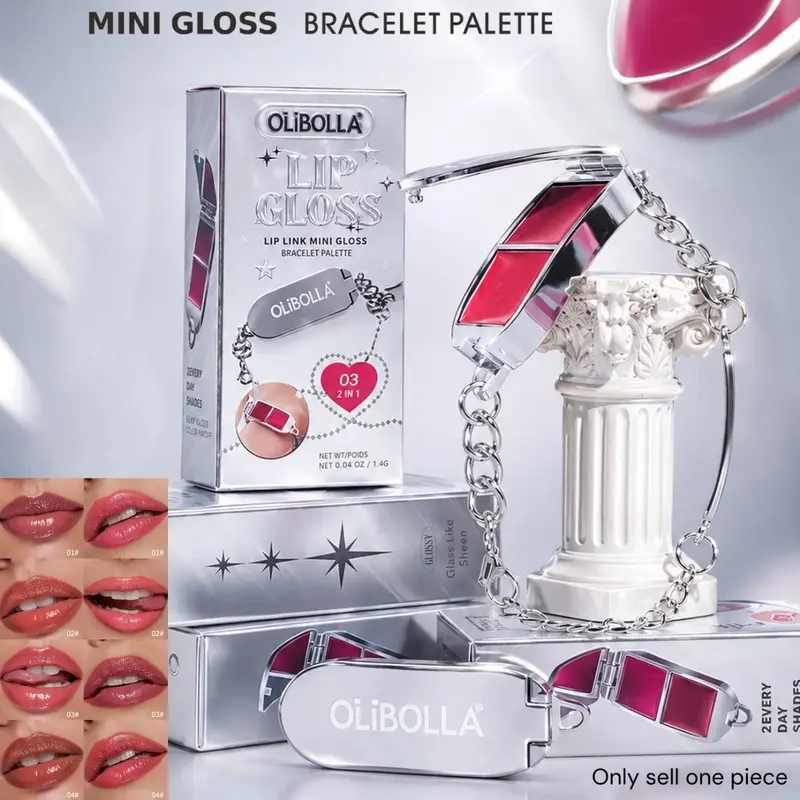 OLIBOLLA Bracelet 2 Shades Lip Gloss Palette, 2-in-1 Glossy Lip Tint, Dual Use for Lips & Cheeks, Portable Wearable Chain Makeup, 4 Colors, Hydrating Glass Lip, Long Lasting Cream Blush, Creative Mini Makeup Gift For Daily Touch Up