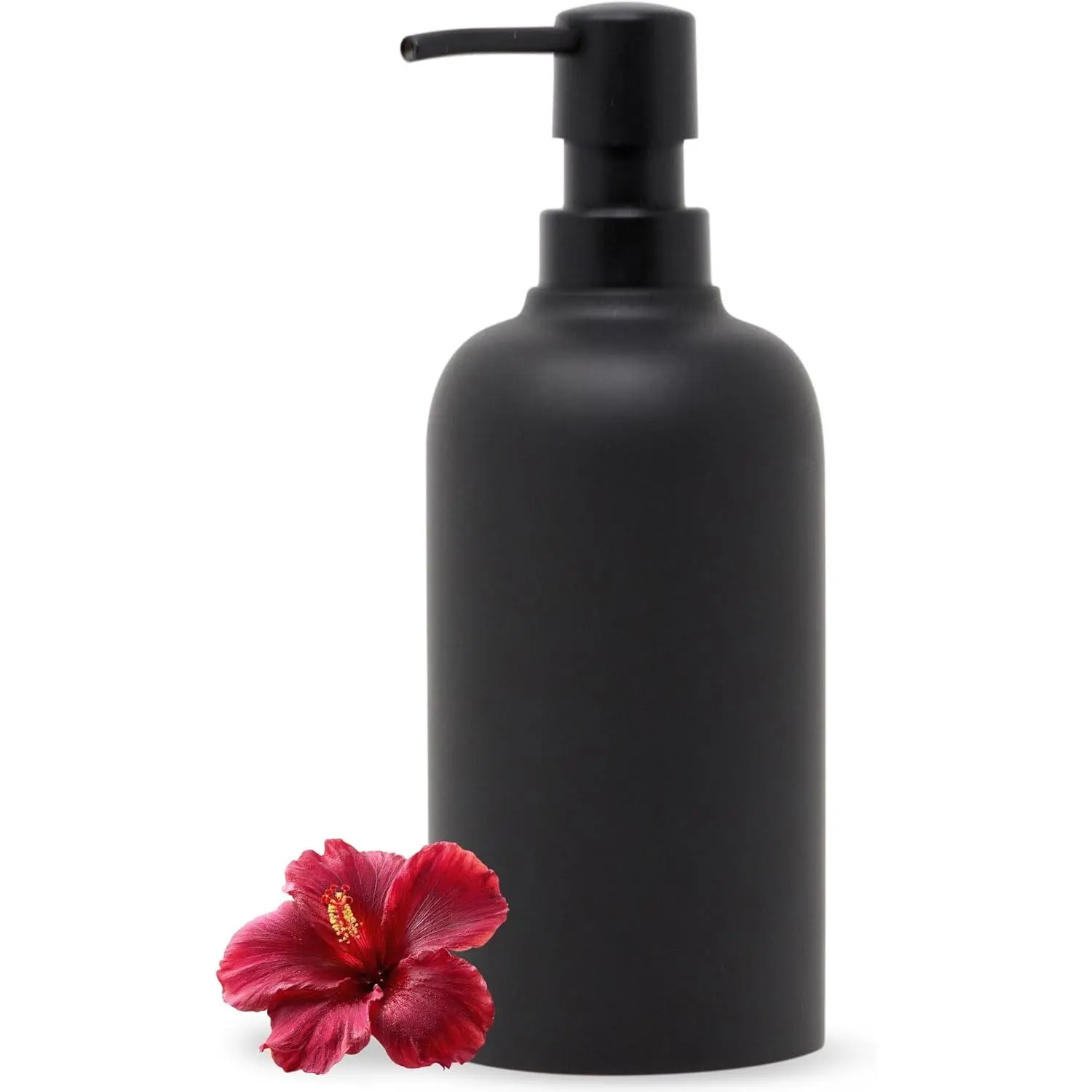 Matte Black Round Soap Dispenser for Kitchen & Bathroom – 15 oz Refillable Resin Pump Bottle for Dish Soap, Hand Soap, Shampoo, Conditioner – Modern Countertop Dispenser with Non-Slip Protective Pads