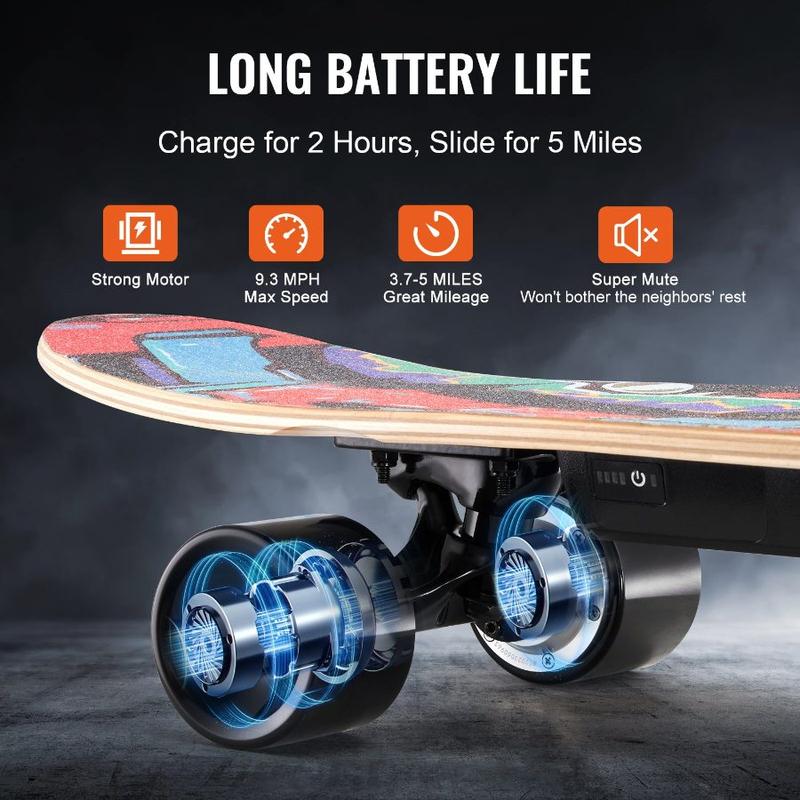 VEVOR Electric Skateboard with Remote, 13.7 Mph Top Speed 7.5 Miles Max Range Skateboard Longboard, 3 Speeds Adjustment Skateboards, Easy Carry Handle Design, Suitable for Adults Teens Beginners