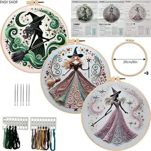 Spooky Synthetic Fabric Magical Witch Embroidery Kit for Beginners - DIY Halloween Needlework Set with English Guide, Handmade Sewing Craft for Home Decor & Creative Fun