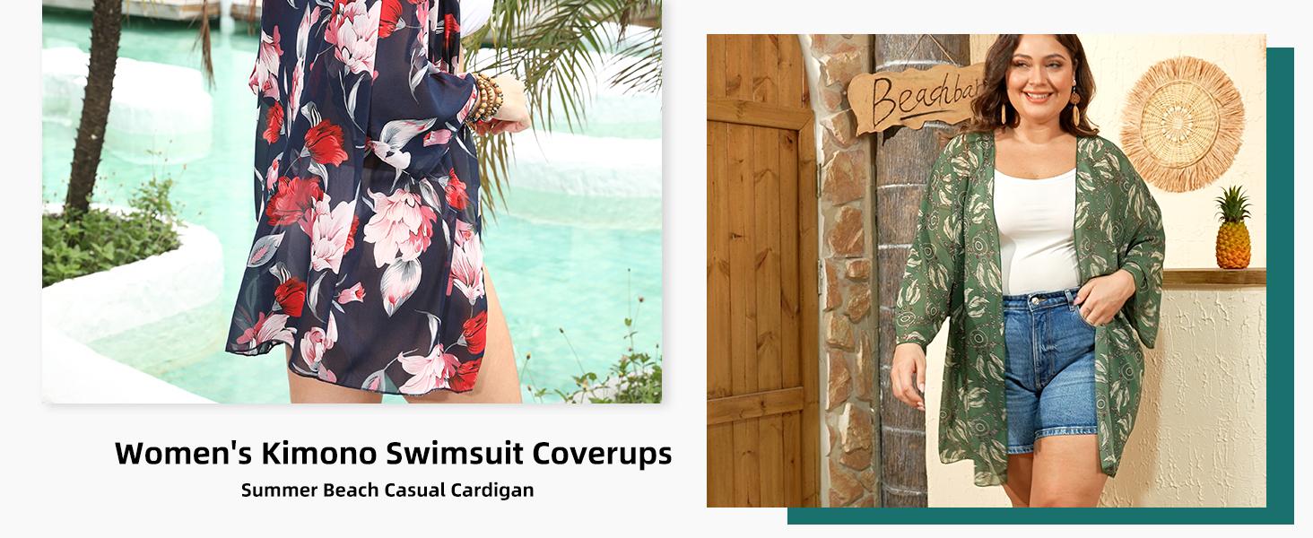 Summer clothing,Women's kimono cardigan, summer lightweight cover-up, 3/4 sleeves, floral print vacation beachwear
