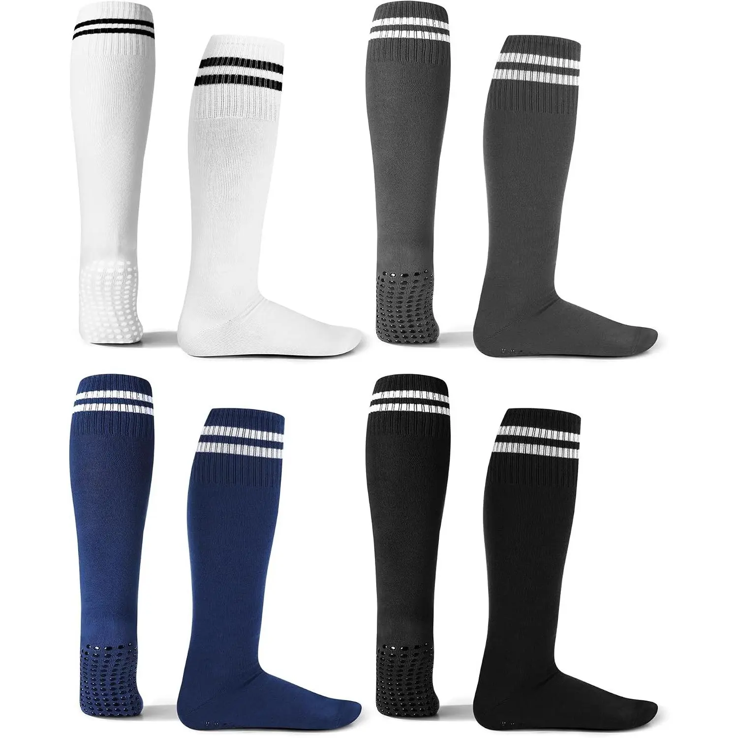4 Pairs Knee High Socks with Grips for Men Women Non Slip Soccer Football Long Grip Socks for Youth Adult Softball Baseball Training Workout Yoga Pilates