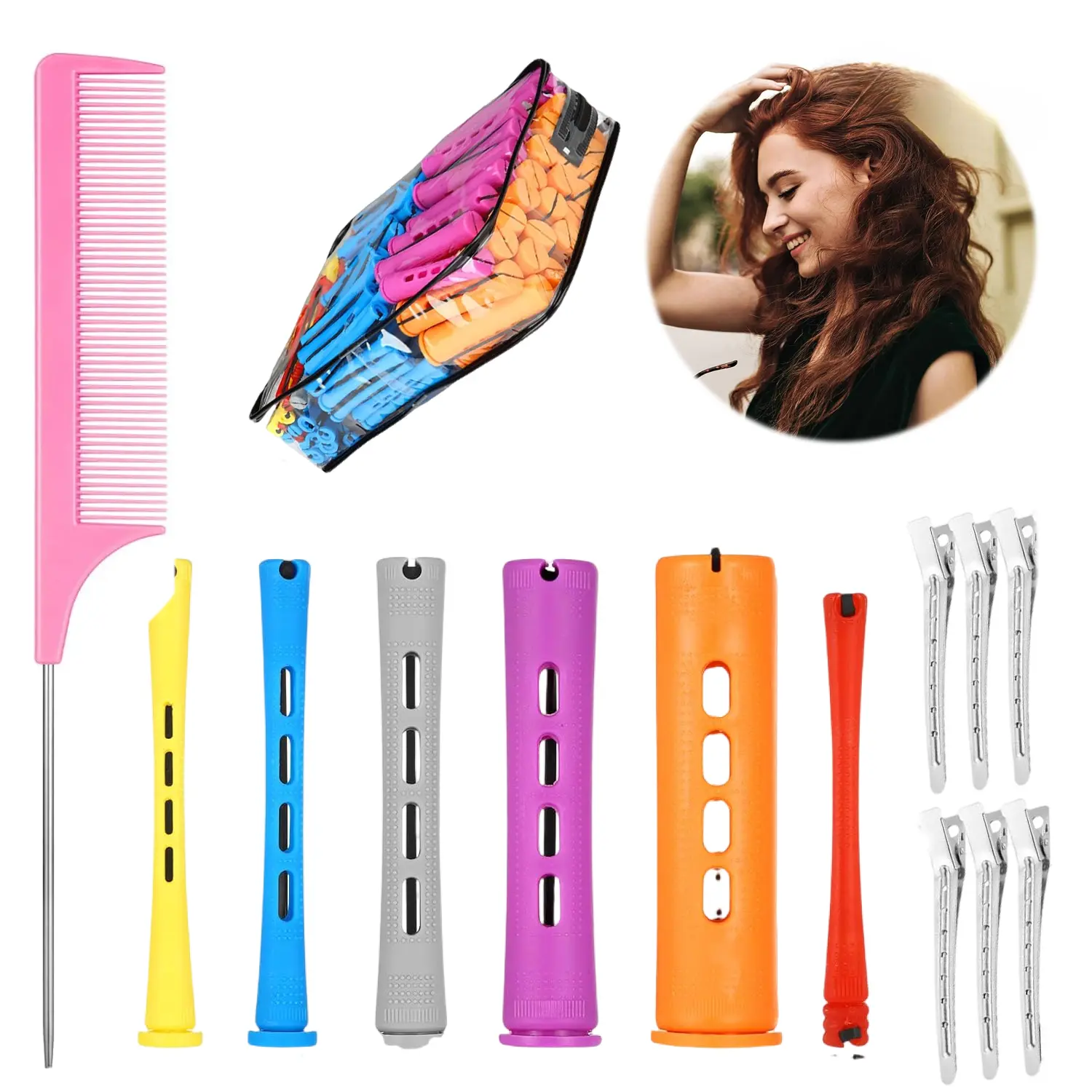 68 Pcs Hair Perm Rods Set, 6 Sizes Plastic Cold Wave Perm Rollers with Rat Tail Comb & Metal Duckbill Clips, Portable Hair Styling Tools for Short Long Natural Hair
