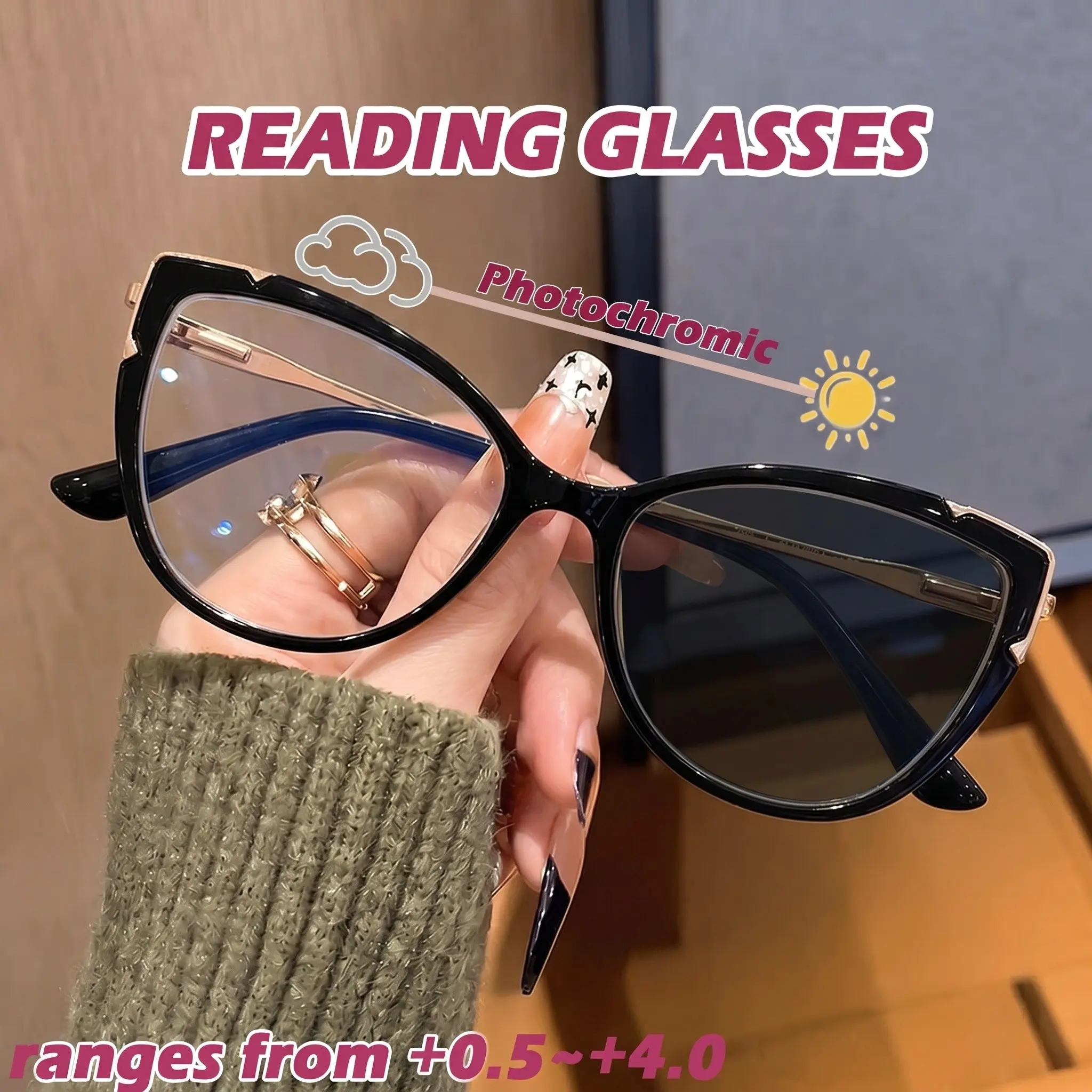 New photochromic reading glasses for presbyopia | anti-blue light, farsightedness correction, UV400 protection, light luxury elegant cat- frames, available in various cool colors, outdoor automatic transition to tinted lenses reading glasses for presbyopi