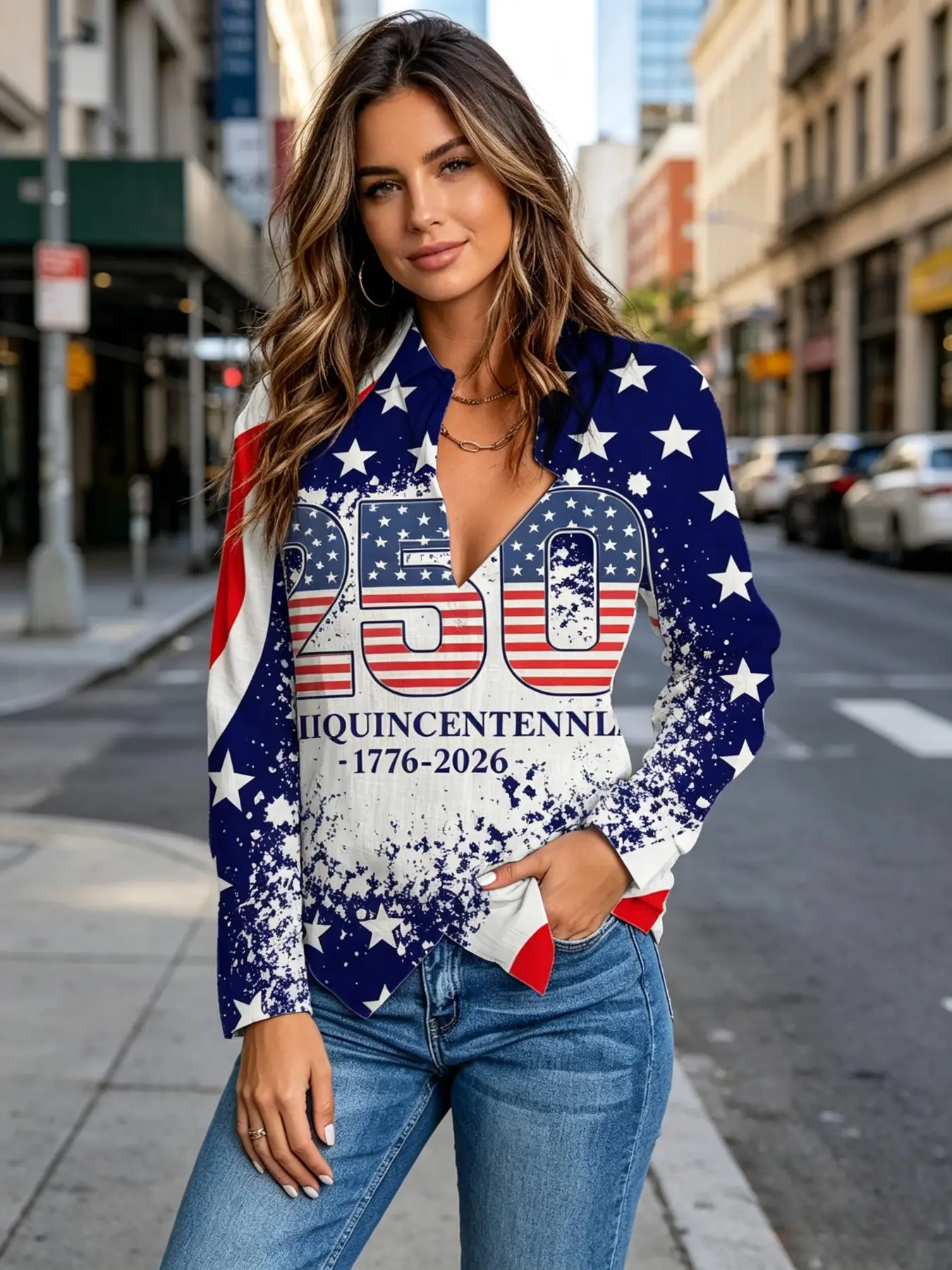 2026 New Women's Usa Independence 250th Anniversary Star Pattern Long Sleeve Blouse, Patriotic Turn-Down Collar Shirt, 1776-2026 Commemorative