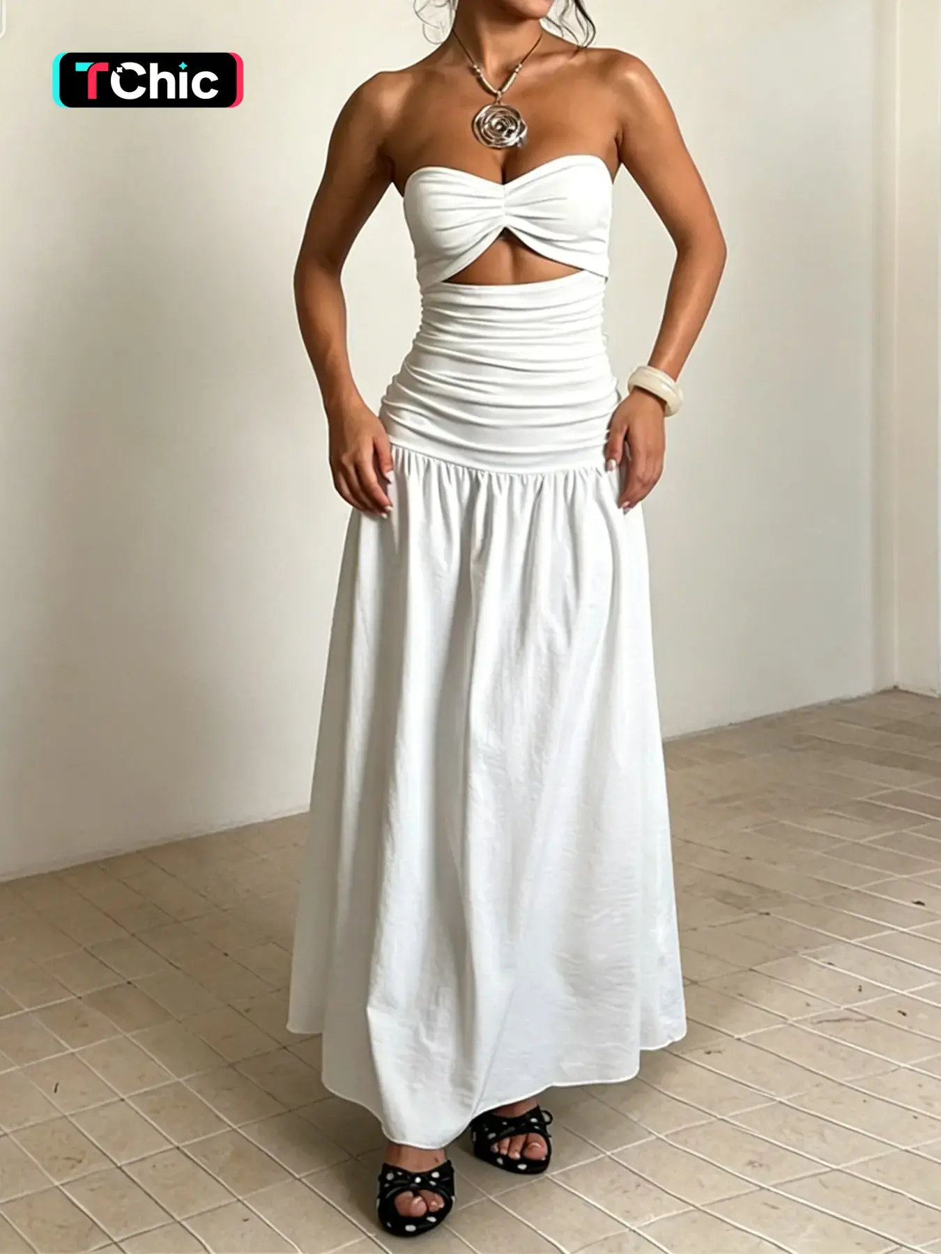 Two Different Fabric Spliced Strapless Maxi Dress, Sheer Ruched Hollow Out A-Line Long Dress, Multi-Color Summer Holiday Beach Casual Wear Chic Outfit for Women