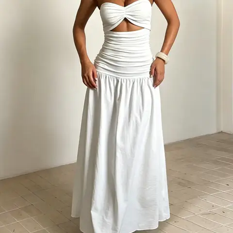 Two Different Fabric Spliced Strapless Maxi Dress, Sheer Ruched Hollow Out A-Line Long Dress, Multi-Color Summer Holiday Beach Casual Wear Chic for Women Sundress
