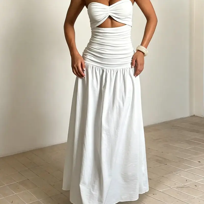 Two Different Fabric Spliced Strapless Maxi Dress, Sheer Ruched Hollow Out A-Line Long Dress, Multi-Color Summer Holiday Beach Casual Wear Chic for Women Sundress