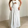 Two Different Fabric Spliced Strapless Maxi Dress, Sheer Ruched Hollow Out A-Line Long Dress, Multi-Color Summer Holiday Beach Casual Wear Chic for Women Sundress
